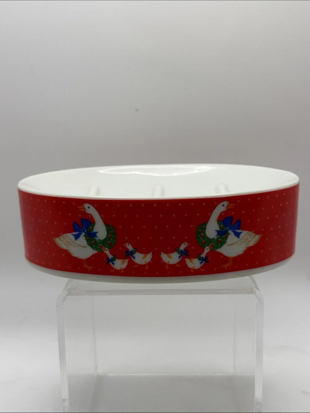 Vintage Ceramic Christmas Goose Blue Bow Soap Dish White & Red Made in Japan